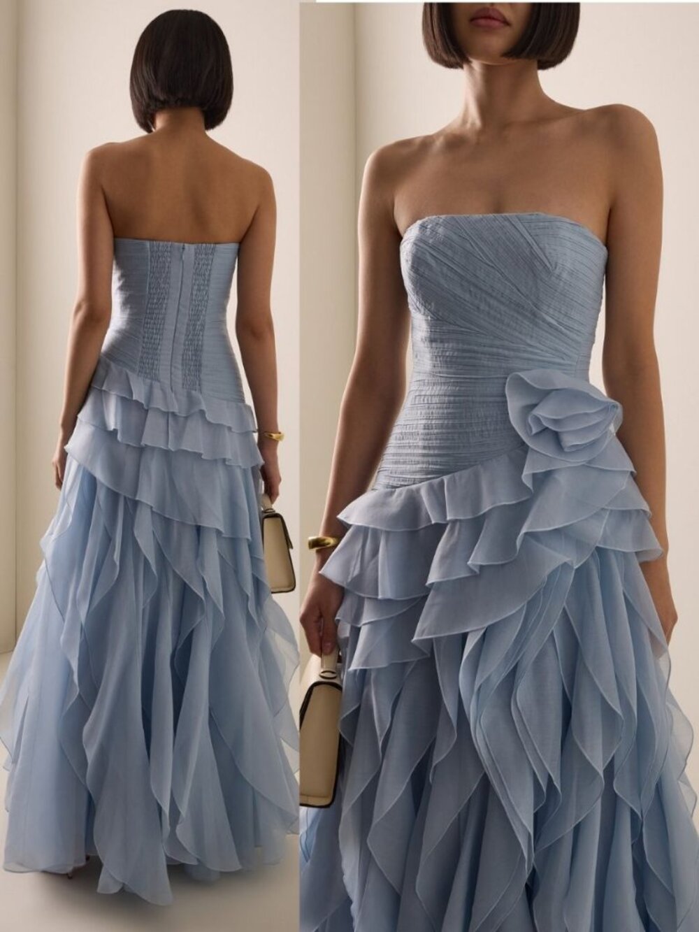 Aje Canyon Gown Cloud Blue Strapless Ruffle Rosette Chiffon Maxi NWT Size US 4